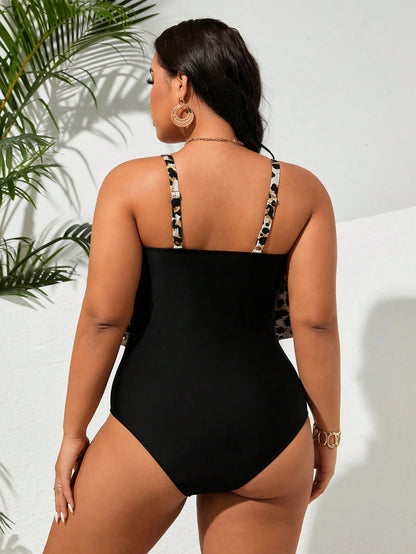Swim Lushoire 2026 Plus Size Women Leopard Print Fashion Spaghetti Strap One-Piece Swimsuit