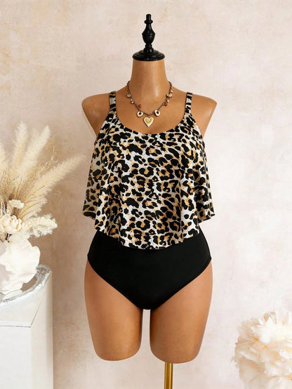 Swim Lushoire 2026 Plus Size Women Leopard Print Fashion Spaghetti Strap One-Piece Swimsuit