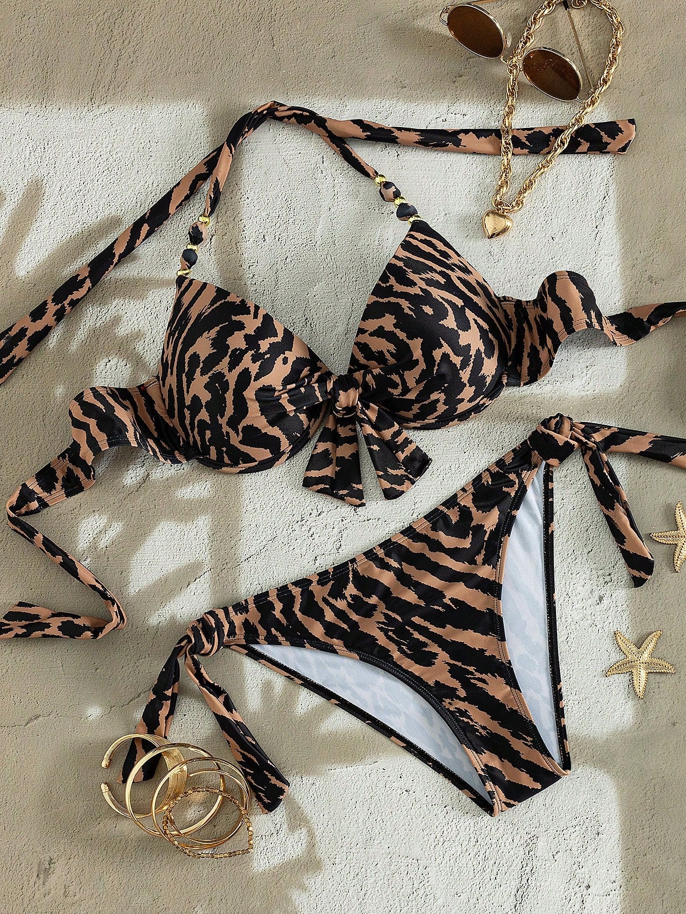 Swim Lushoire American Style Hot Girl Vintage Leopard Print Halter Neck Push-Up Top With Bow & Beaded Decoration, Back Tie & Side Tie Bikini Bottoms, Summer Vacation Music Festival Beach Party Niche E