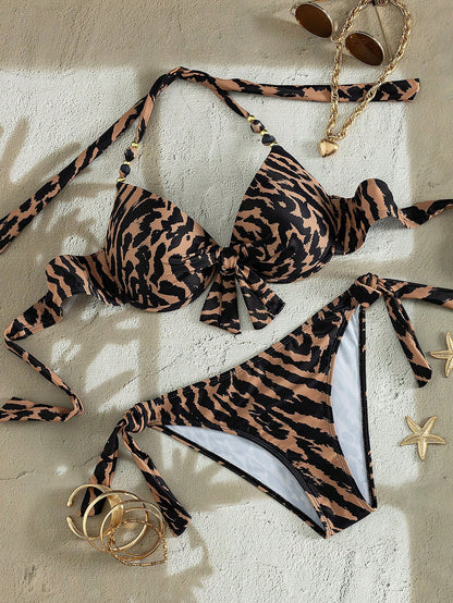 Swim Lushoire American Style Hot Girl Vintage Leopard Print Halter Neck Push-Up Top With Bow & Beaded Decoration, Back Tie & Side Tie Bikini Bottoms, Summer Vacation Music Festival Beach Party Niche E