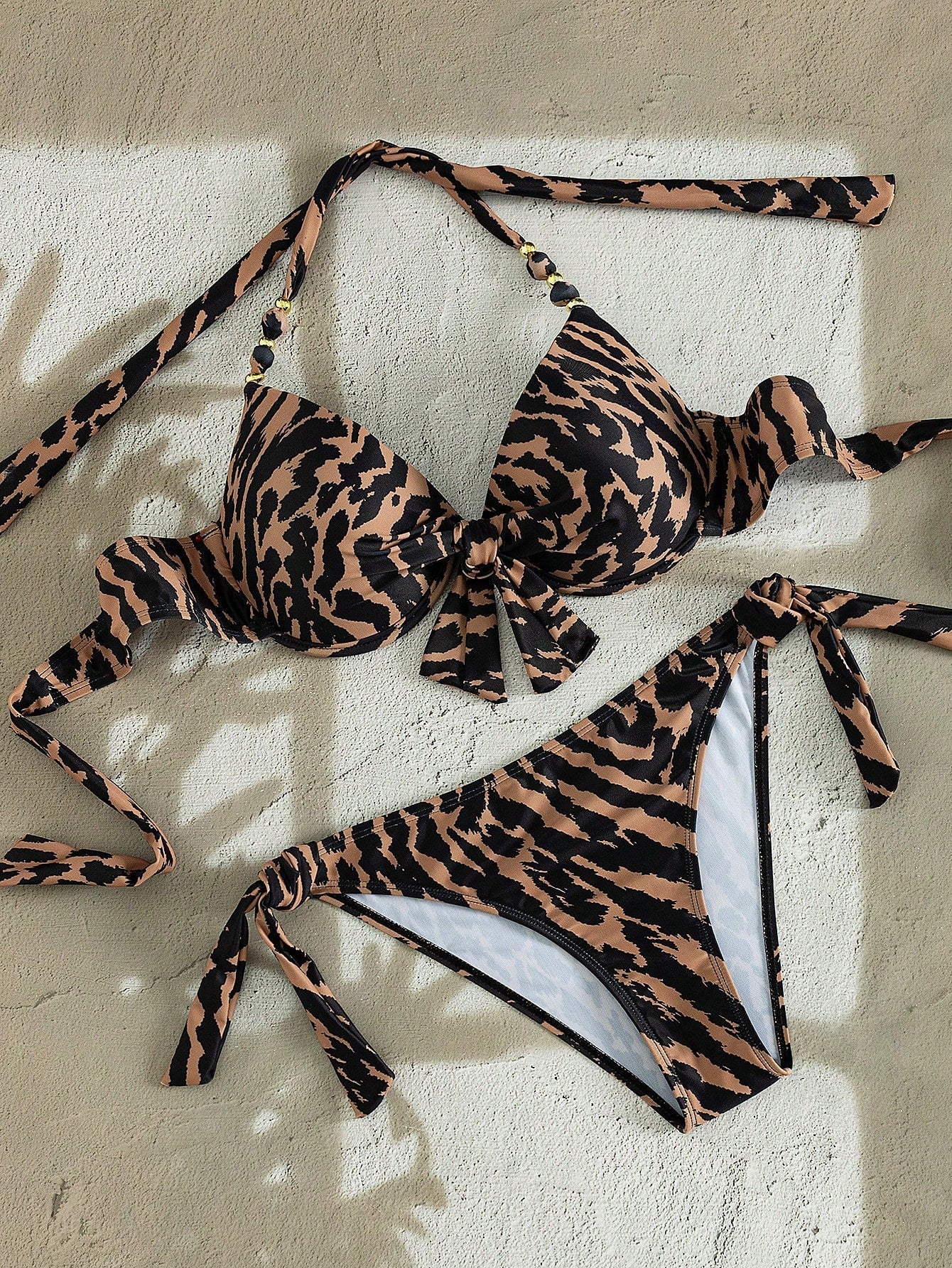 Swim Lushoire American Style Hot Girl Vintage Leopard Print Halter Neck Push-Up Top With Bow & Beaded Decoration, Back Tie & Side Tie Bikini Bottoms, Summer Vacation Music Festival Beach Party Niche E