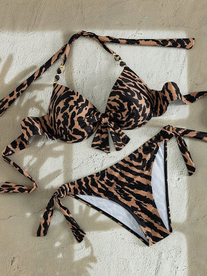 Swim Lushoire American Style Hot Girl Vintage Leopard Print Halter Neck Push-Up Top With Bow & Beaded Decoration, Back Tie & Side Tie Bikini Bottoms, Summer Vacation Music Festival Beach Party Niche E