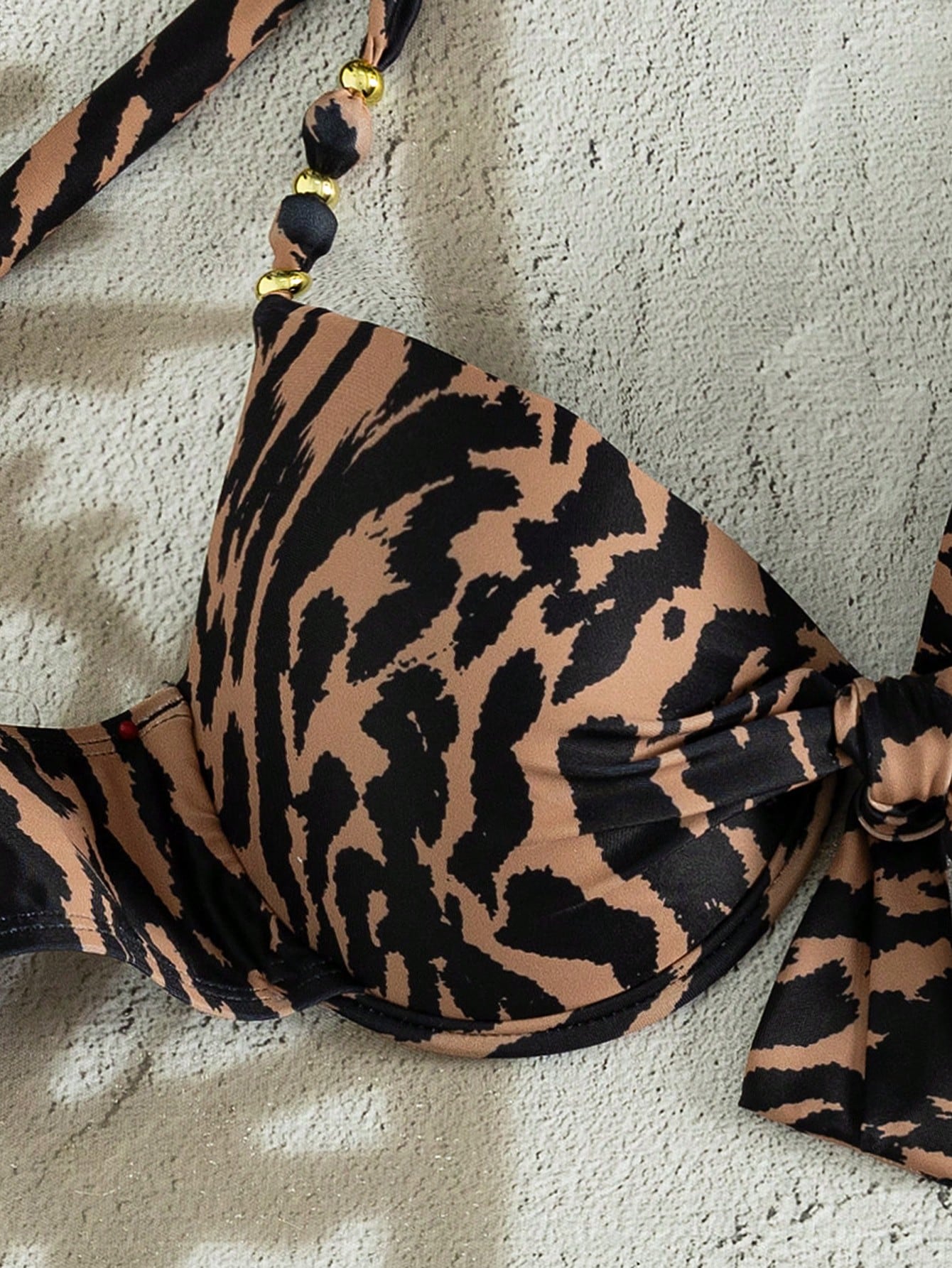Swim Lushoire American Style Hot Girl Vintage Leopard Print Halter Neck Push-Up Top With Bow & Beaded Decoration, Back Tie & Side Tie Bikini Bottoms, Summer Vacation Music Festival Beach Party Niche E