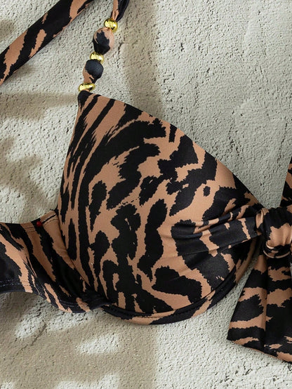 Swim Lushoire American Style Hot Girl Vintage Leopard Print Halter Neck Push-Up Top With Bow & Beaded Decoration, Back Tie & Side Tie Bikini Bottoms, Summer Vacation Music Festival Beach Party Niche E