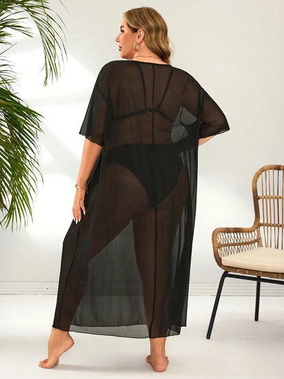 Swim Lushoire Basic Casual Sexy Slit Plus Size Cover-Up Dress, For Summer Beach Vacation