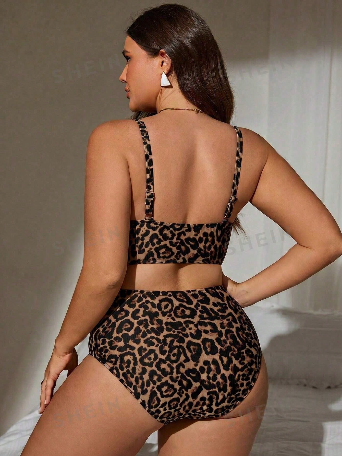 Swim Lushoire Basic Minimalist Leopard Print Bandeau Women's Plus Size Swimsuit Set Beach Summer