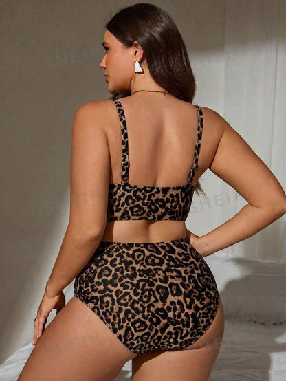 Swim Lushoire Basic Minimalist Leopard Print Bandeau Women's Plus Size Swimsuit Set Beach Summer