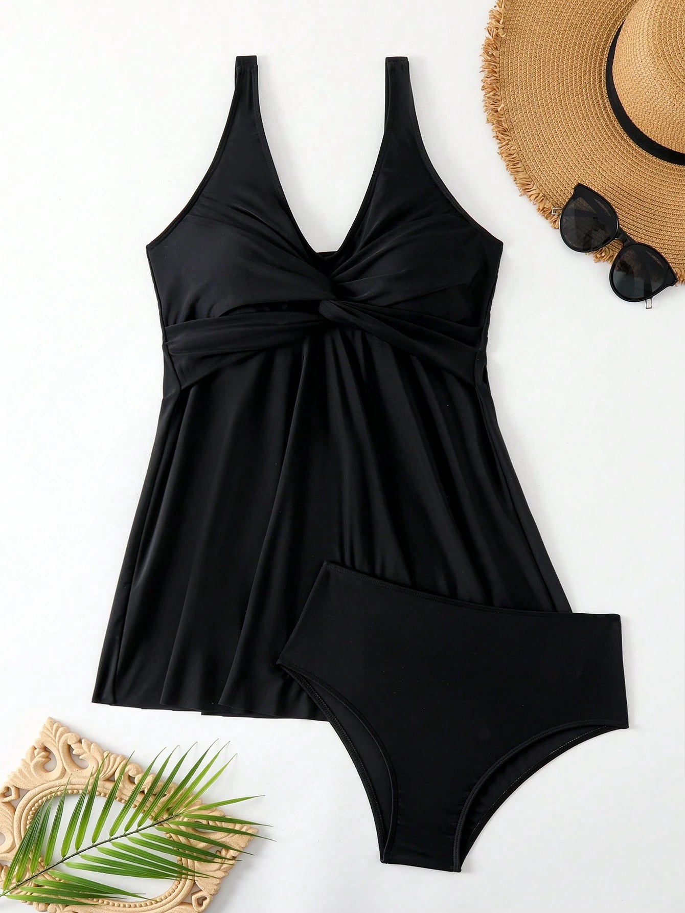 Swim Lushoire Ladies" Solid Color Twist Knot Minimalist Bikini Top And Triangle Bottoms, Perfect For Vacation,Summer Beach