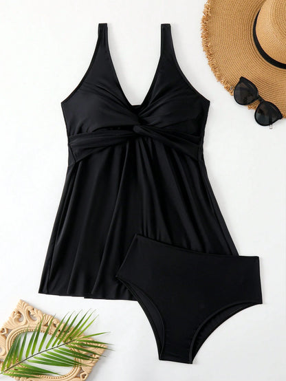 Swim Lushoire Ladies" Solid Color Twist Knot Minimalist Bikini Top And Triangle Bottoms, Perfect For Vacation,Summer Beach