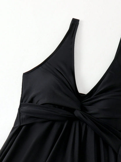Swim Lushoire Ladies" Solid Color Twist Knot Minimalist Bikini Top And Triangle Bottoms, Perfect For Vacation,Summer Beach