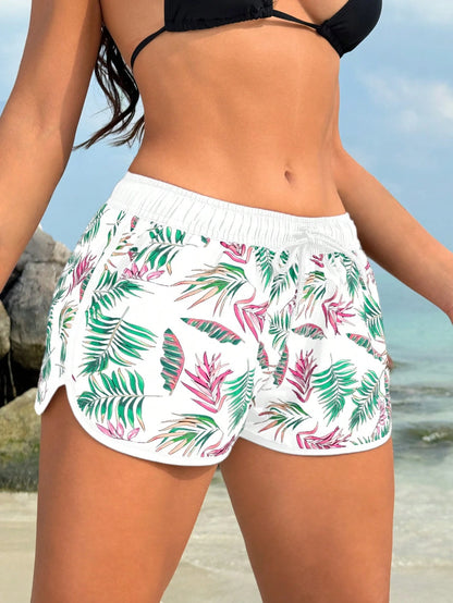 Swim Lushoire Ladies' Summer Beach Plant Print Drawstring Waist Shorts Bikini Bottom