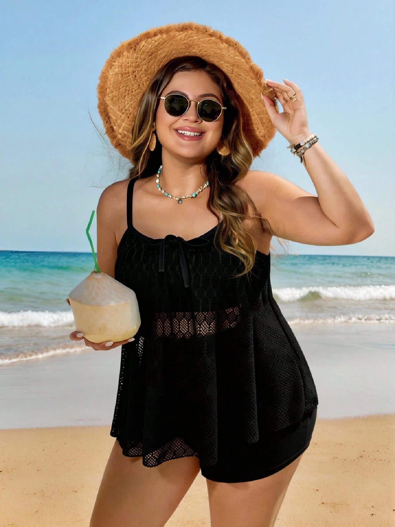 Swim Lushoire New Plus Size Women's Printed Spaghetti Strap Top And High Waisted Shorts 2-Piece Swimwear, Vacation Casual