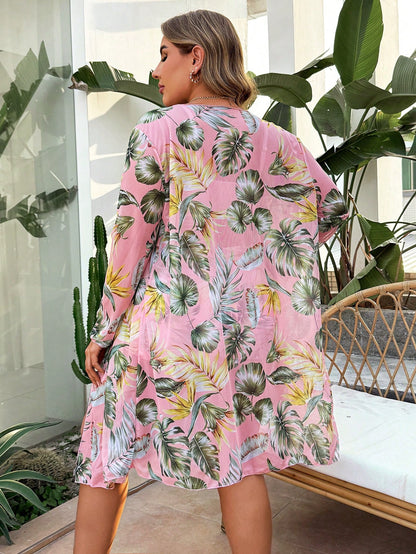 Swim Lushoire Plus Size 3 Pieces Set: Drawstring Digital Print Bikini Set, Matched With Long Sleeve Mid-Length Beach Kimono, Casual Summer Vacation Swimwear Set