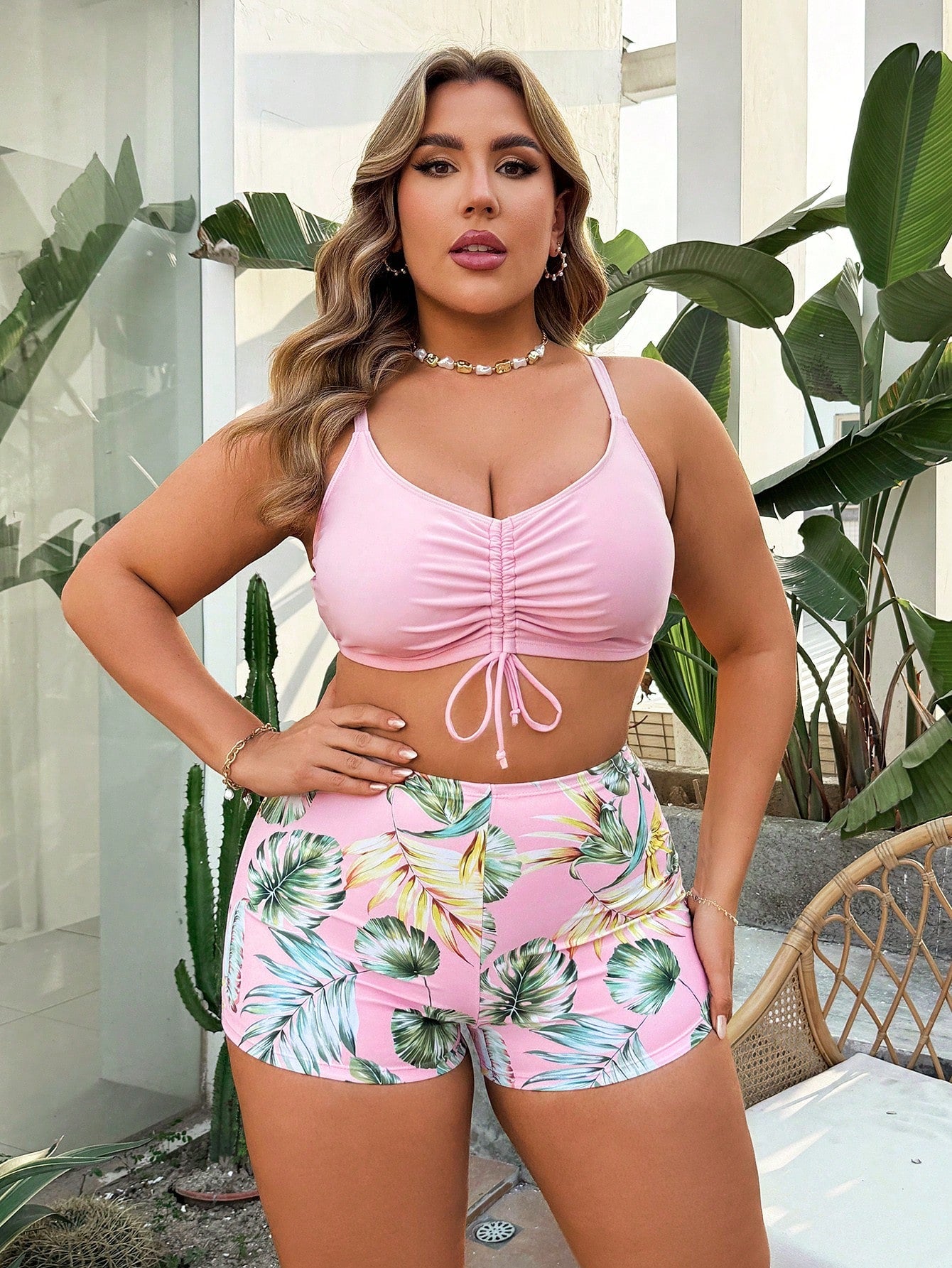 Swim Lushoire Plus Size 3 Pieces Set: Drawstring Digital Print Bikini Set, Matched With Long Sleeve Mid-Length Beach Kimono, Casual Summer Vacation Swimwear Set
