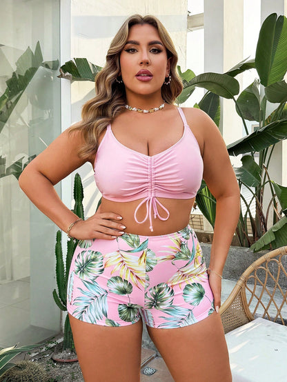 Swim Lushoire Plus Size 3 Pieces Set: Drawstring Digital Print Bikini Set, Matched With Long Sleeve Mid-Length Beach Kimono, Casual Summer Vacation Swimwear Set