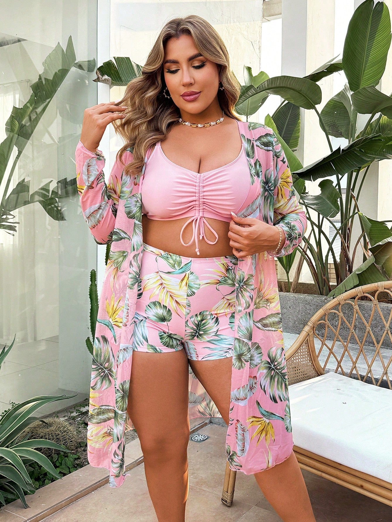 Swim Lushoire Plus Size 3 Pieces Set: Drawstring Digital Print Bikini Set, Matched With Long Sleeve Mid-Length Beach Kimono, Casual Summer Vacation Swimwear Set