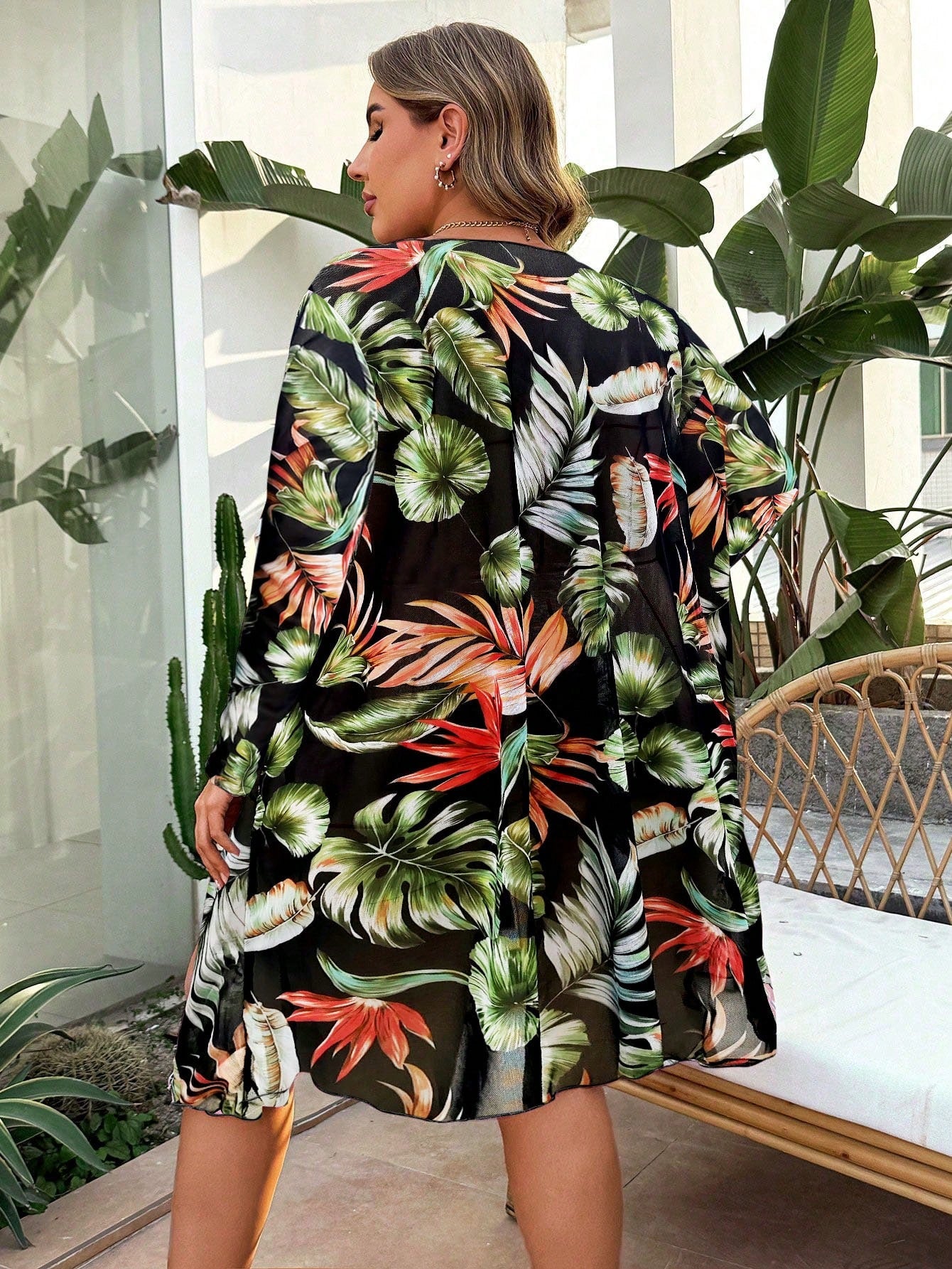 Swim Lushoire Plus Size 3 Pieces Set: Drawstring Digital Print Bikini Set, Matched With Long Sleeve Mid-Length Beach Kimono, Casual Summer Vacation Swimwear Set