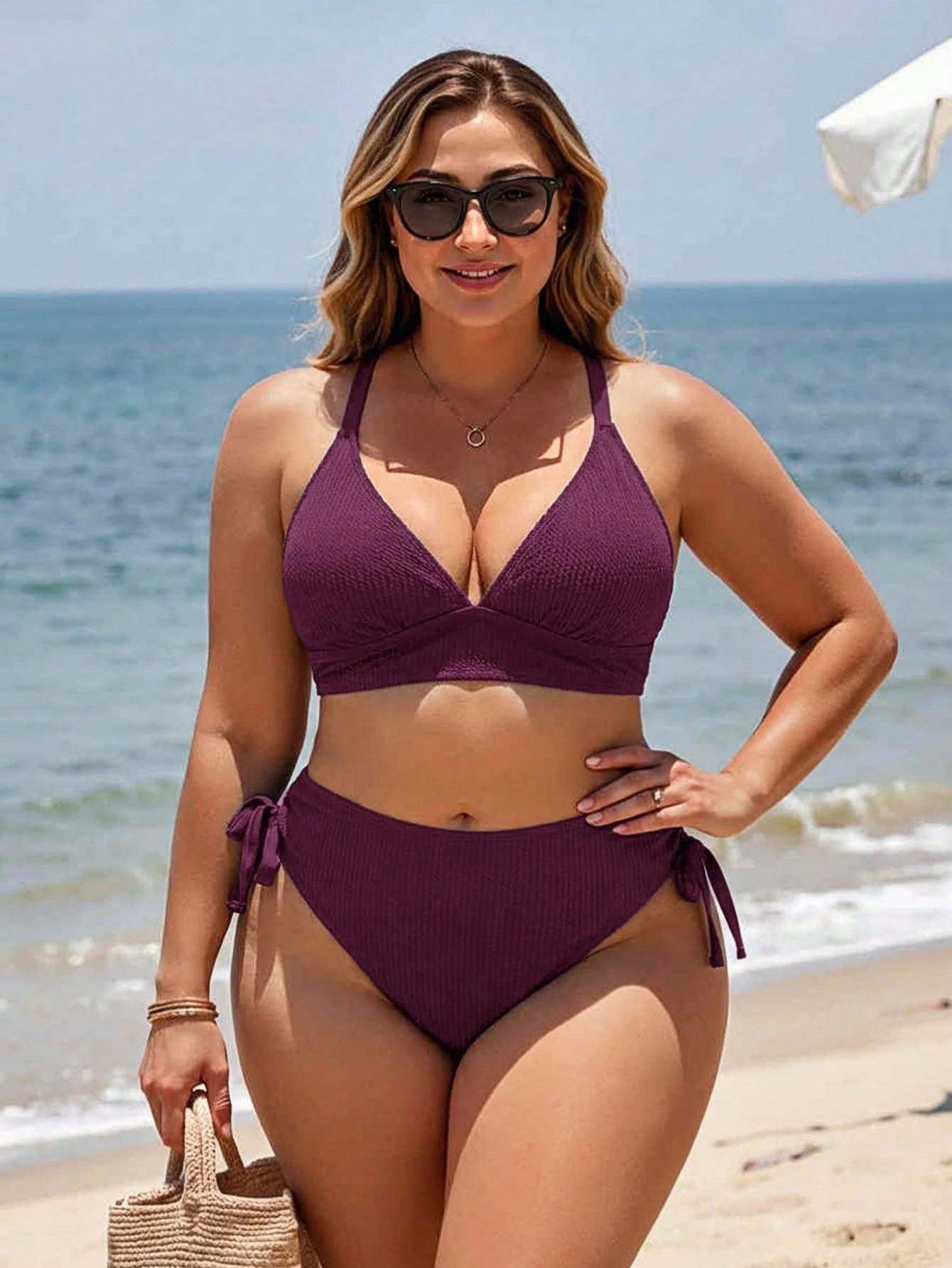 Swim Lushoire Plus Size Adjustable Textured Fabric Swimwear Set