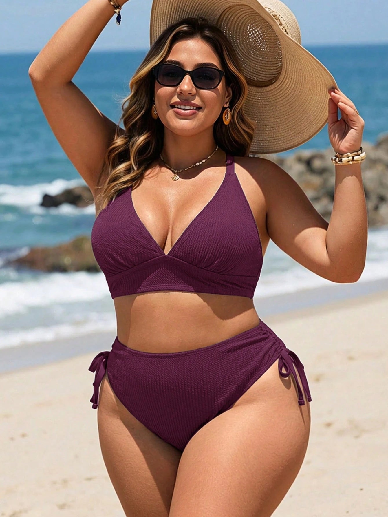 Swim Lushoire Plus Size Adjustable Textured Fabric Swimwear Set