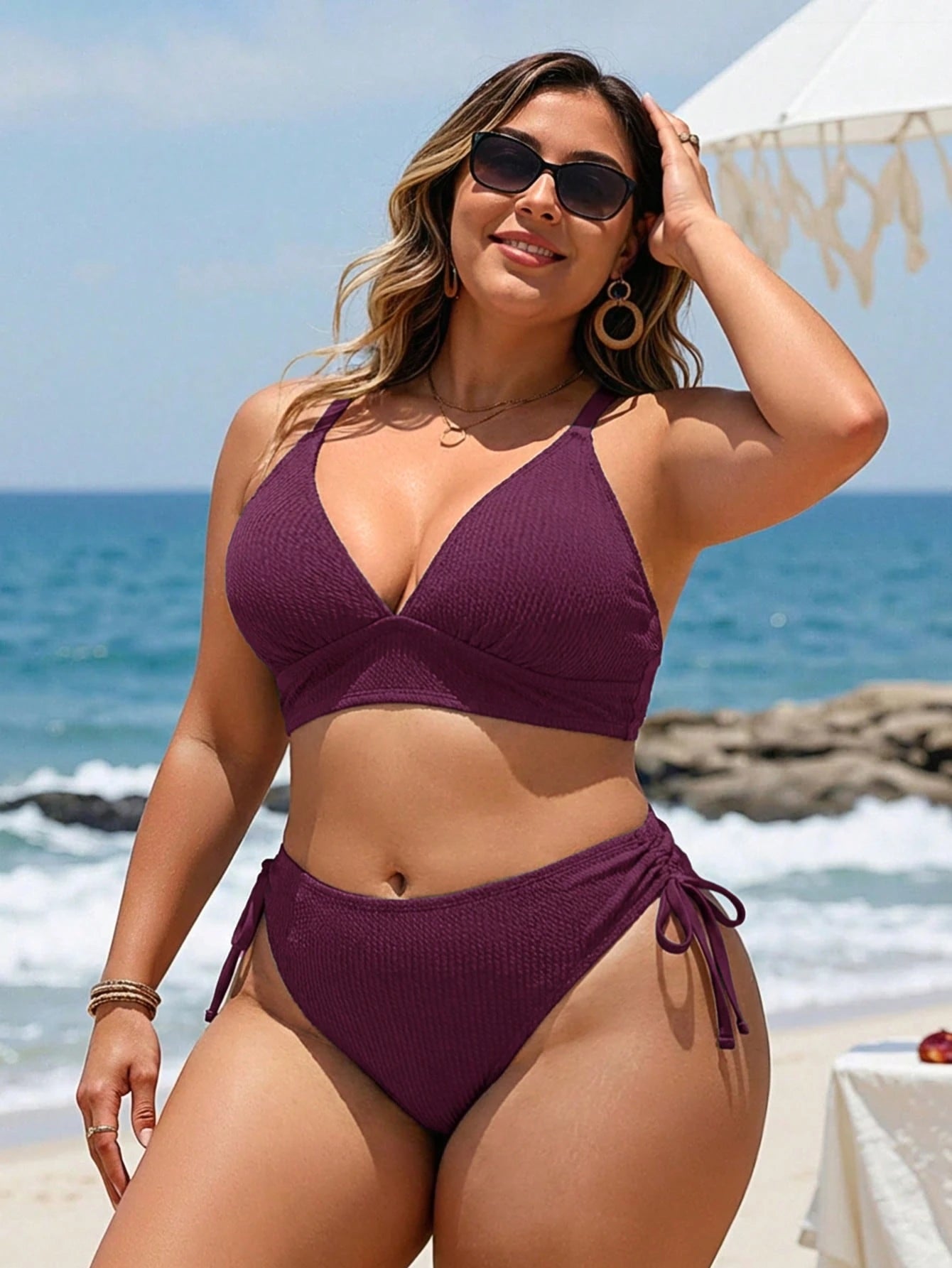 Swim Lushoire Plus Size Adjustable Textured Fabric Swimwear Set
