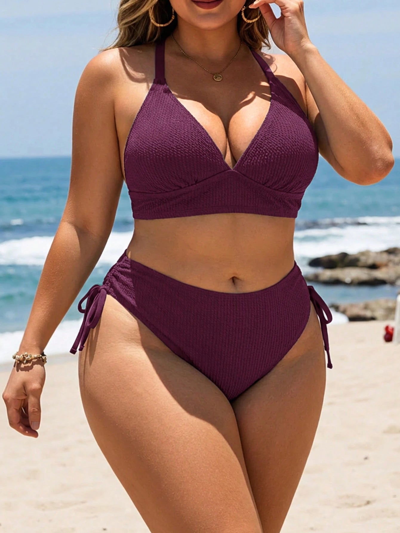 Swim Lushoire Plus Size Adjustable Textured Fabric Swimwear Set