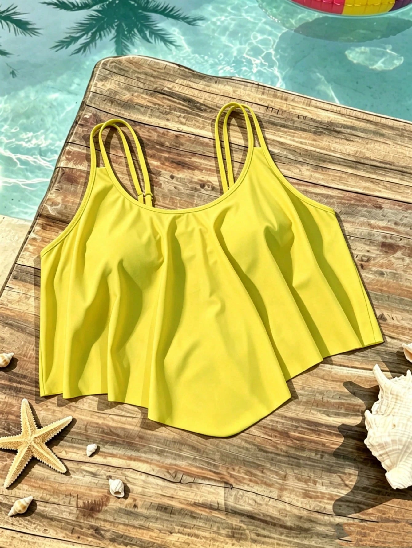 Swim Lushoire Plus Size Asymmetrical Hem Pleated Solid Color Cami Swimsuit Top For Summer Beach