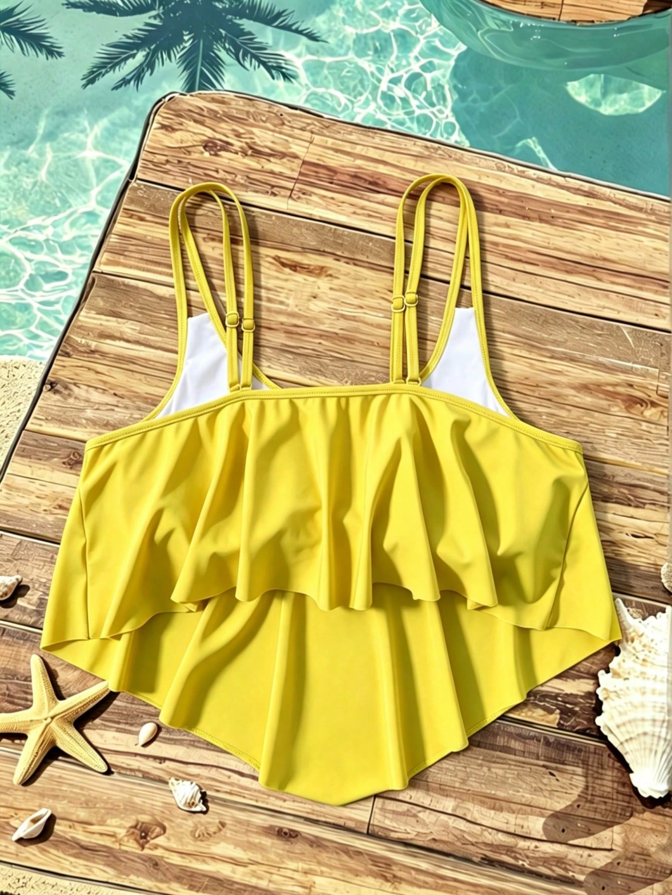 Swim Lushoire Plus Size Asymmetrical Hem Pleated Solid Color Cami Swimsuit Top For Summer Beach