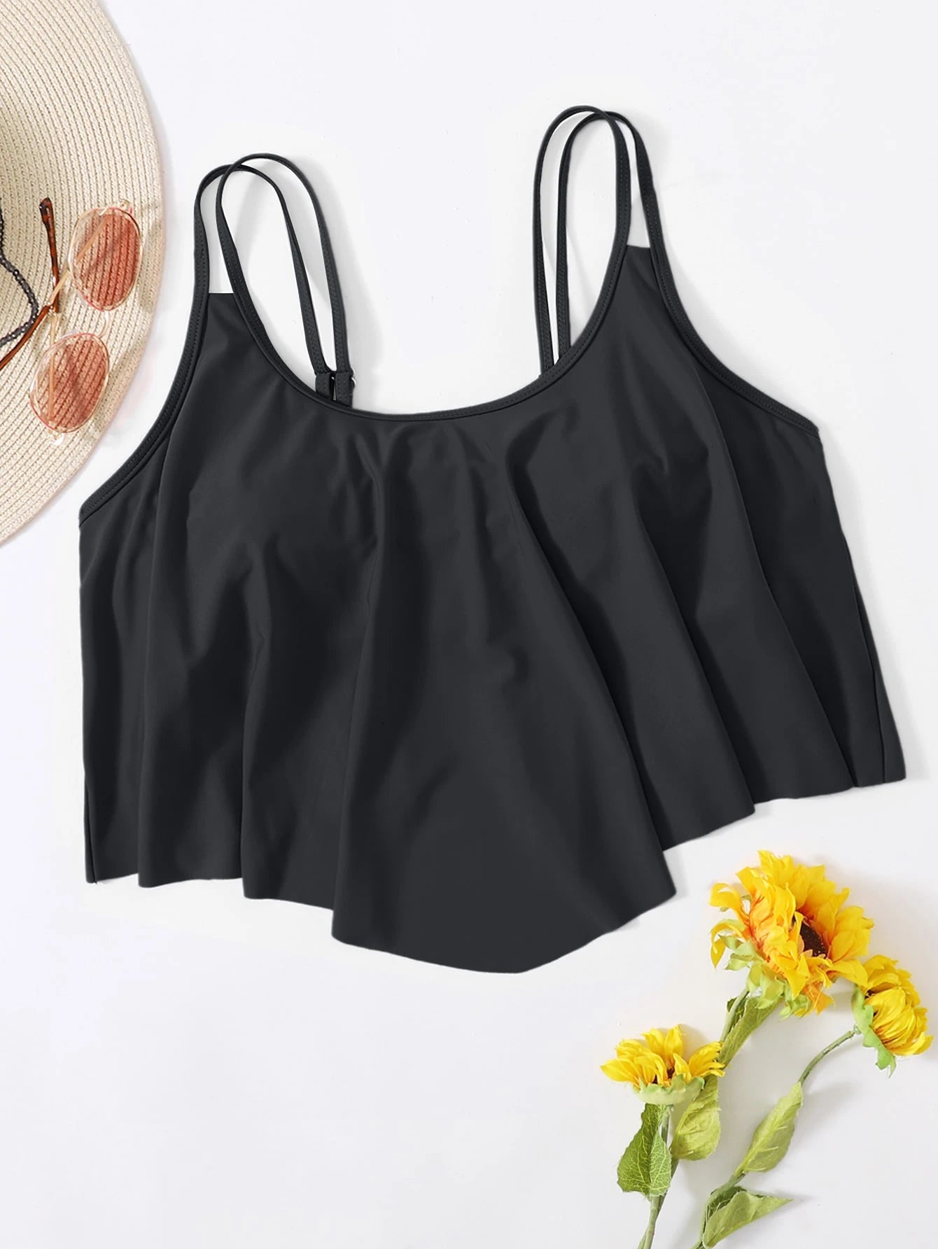 Swim Lushoire Plus Size Asymmetrical Hem Pleated Solid Color Cami Swimsuit Top For Summer Beach