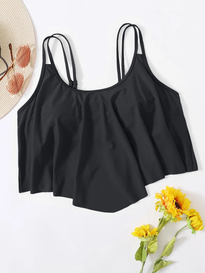 Swim Lushoire Plus Size Asymmetrical Hem Pleated Solid Color Cami Swimsuit Top For Summer Beach