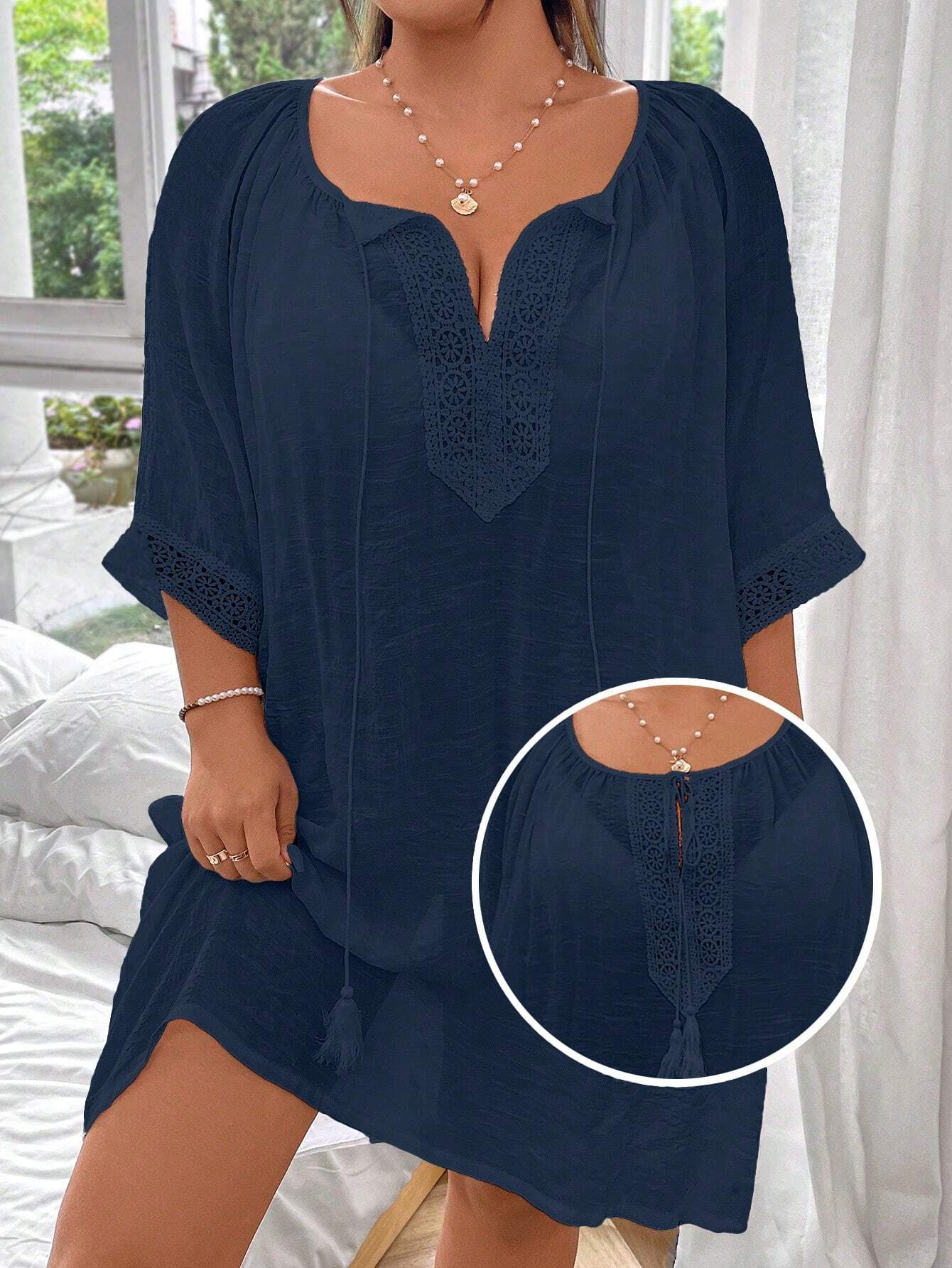 Swim Lushoire Plus Size Casual Solid Color Kaftan Dress Summer