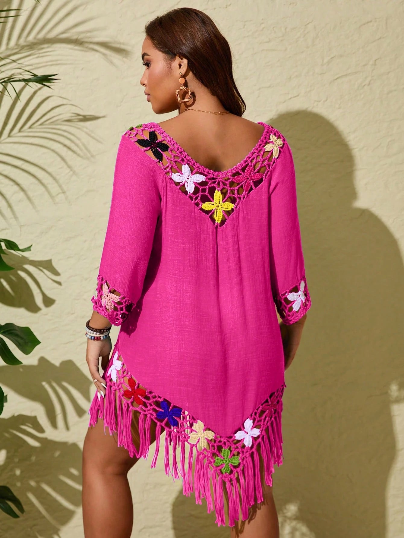 Swim Lushoire Plus Size Hooded Loose Knitted Cover Up With Fringes, Mid-Sleeve For Summer Beach Vacation