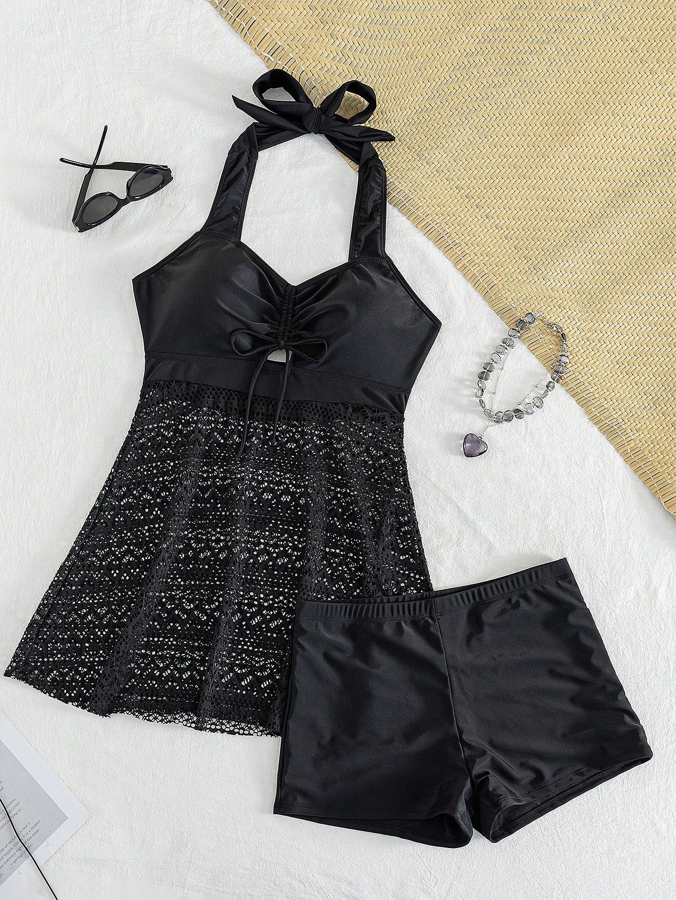 Swim Lushoire Plus Size Solid Halter Neck Backless Contrast Pointelle Tankini For Summer Beach
