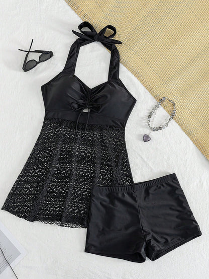 Swim Lushoire Plus Size Solid Halter Neck Backless Contrast Pointelle Tankini For Summer Beach