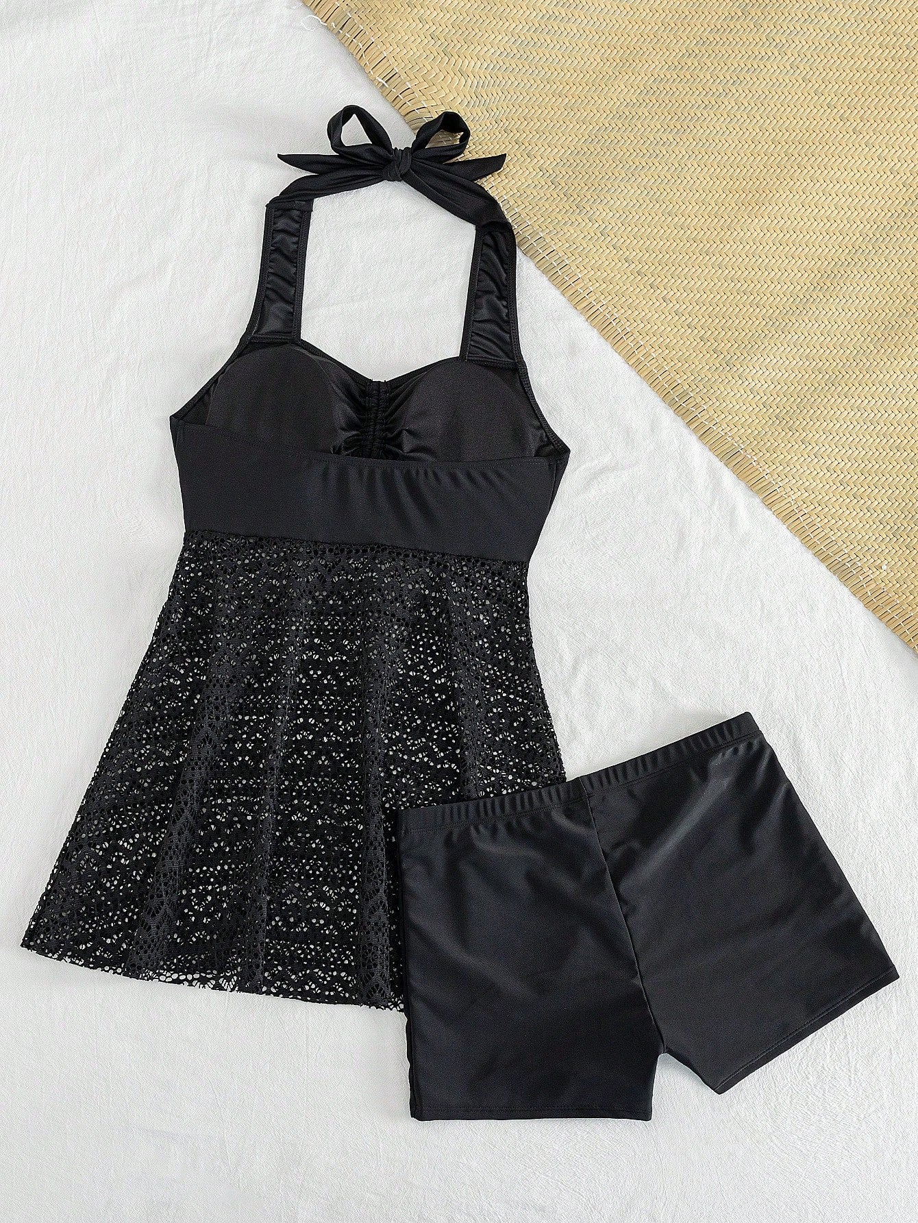 Swim Lushoire Plus Size Solid Halter Neck Backless Contrast Pointelle Tankini For Summer Beach