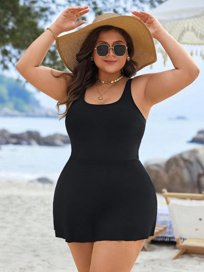 Swim Lushoire Plus Size Square Neck One-Piece Swimdress, Summer Beach Vacation