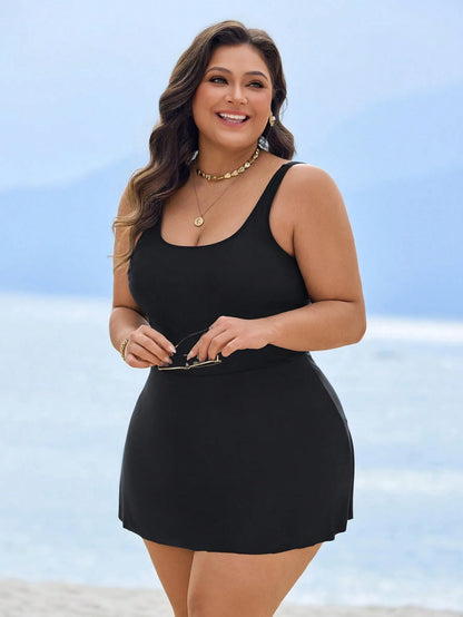 Swim Lushoire Plus Size Square Neck One-Piece Swimdress, Summer Beach Vacation