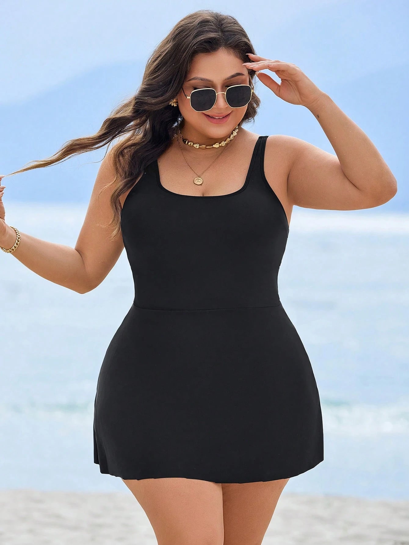 Swim Lushoire Plus Size Square Neck One-Piece Swimdress, Summer Beach Vacation