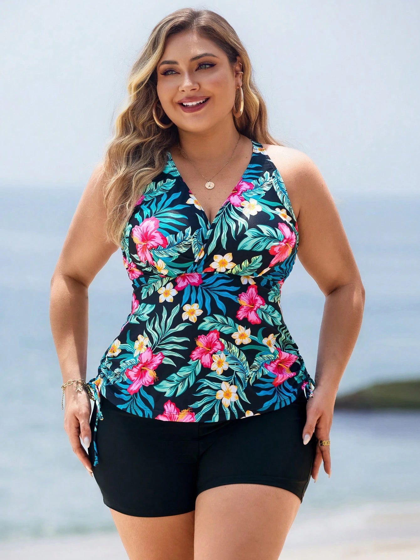 Swim Lushoire Plus Size Tropical Floral Print Halter Bikini Top For Summer Beach Vacation