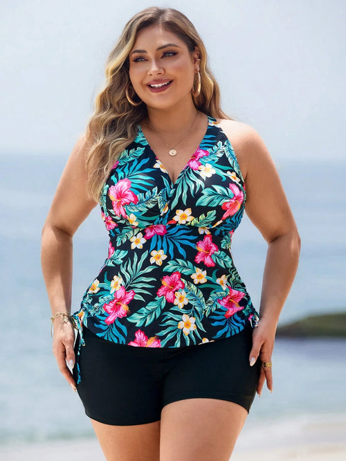 Swim Lushoire Plus Size Tropical Floral Print Halter Bikini Top For Summer Beach Vacation
