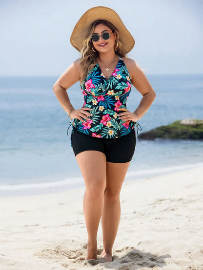 Swim Lushoire Plus Size Tropical Floral Print Halter Bikini Top For Summer Beach Vacation