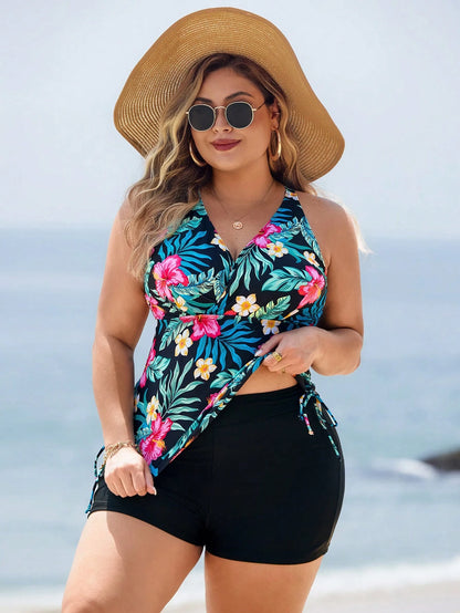 Swim Lushoire Plus Size Tropical Floral Print Halter Bikini Top For Summer Beach Vacation