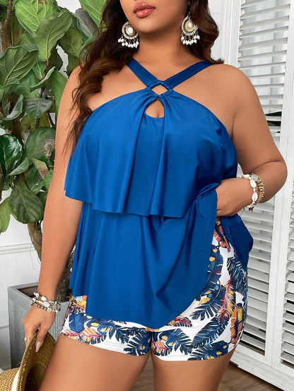 Swim Lushoire Plus Size Women 2pcs Elegant Ruffle Hem Tankini Set, Casual Summer Beach Vacation Swimwear