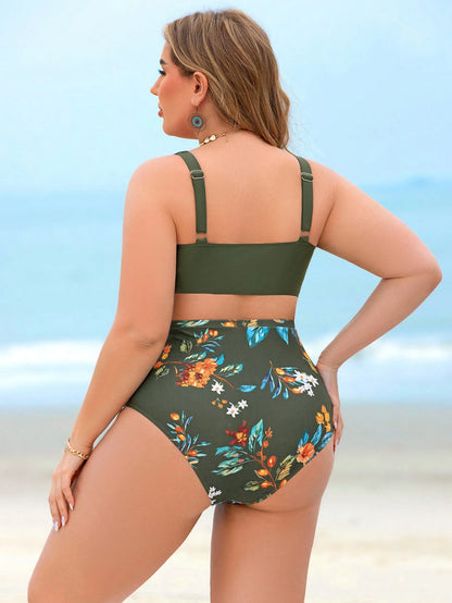 Swim Lushoire Plus Size Women 2pcs High Waist Random Print Modest Fitted Gathering Swimwear Set For Summer Beach Vacation