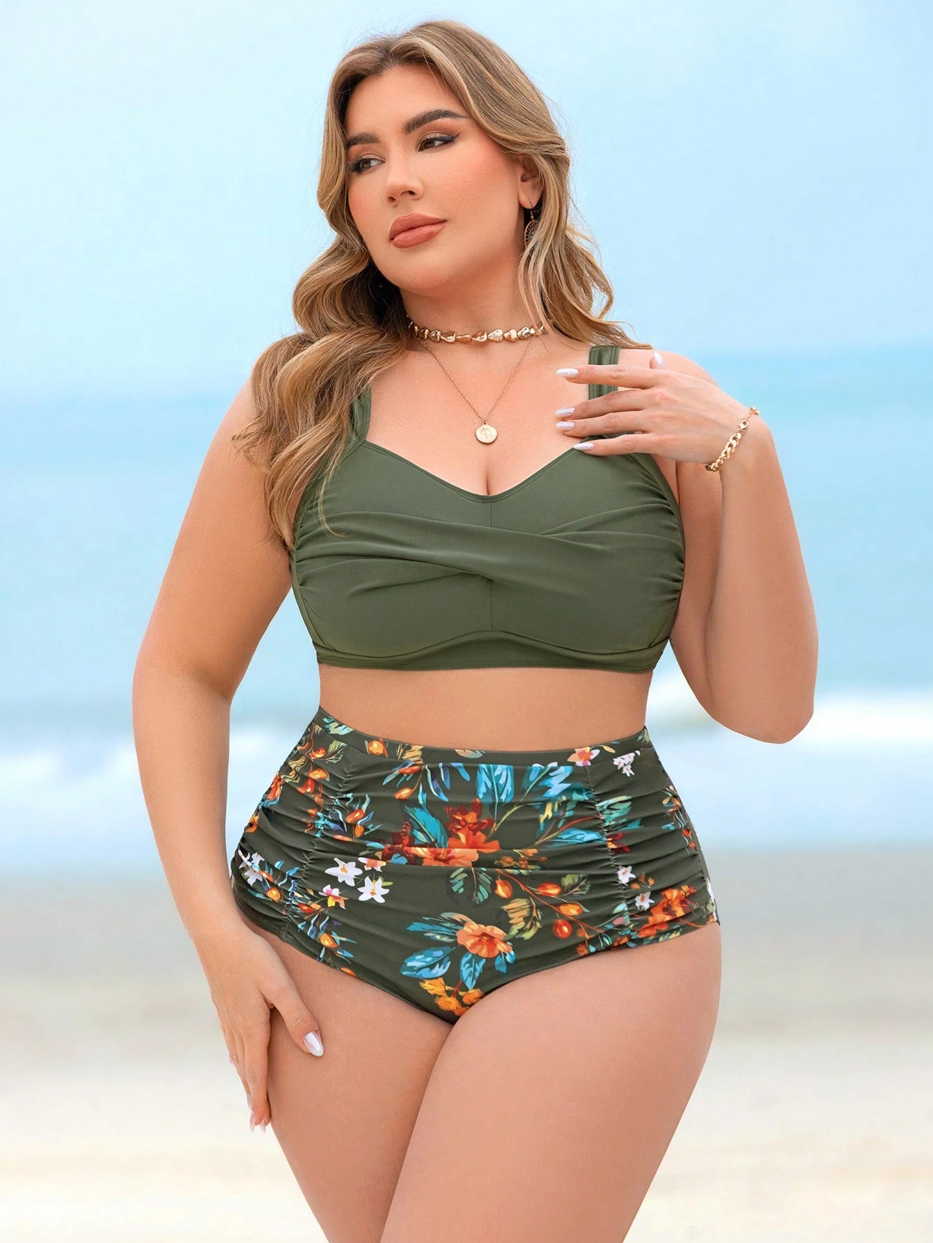Swim Lushoire Plus Size Women 2pcs High Waist Random Print Modest Fitted Gathering Swimwear Set For Summer Beach Vacation