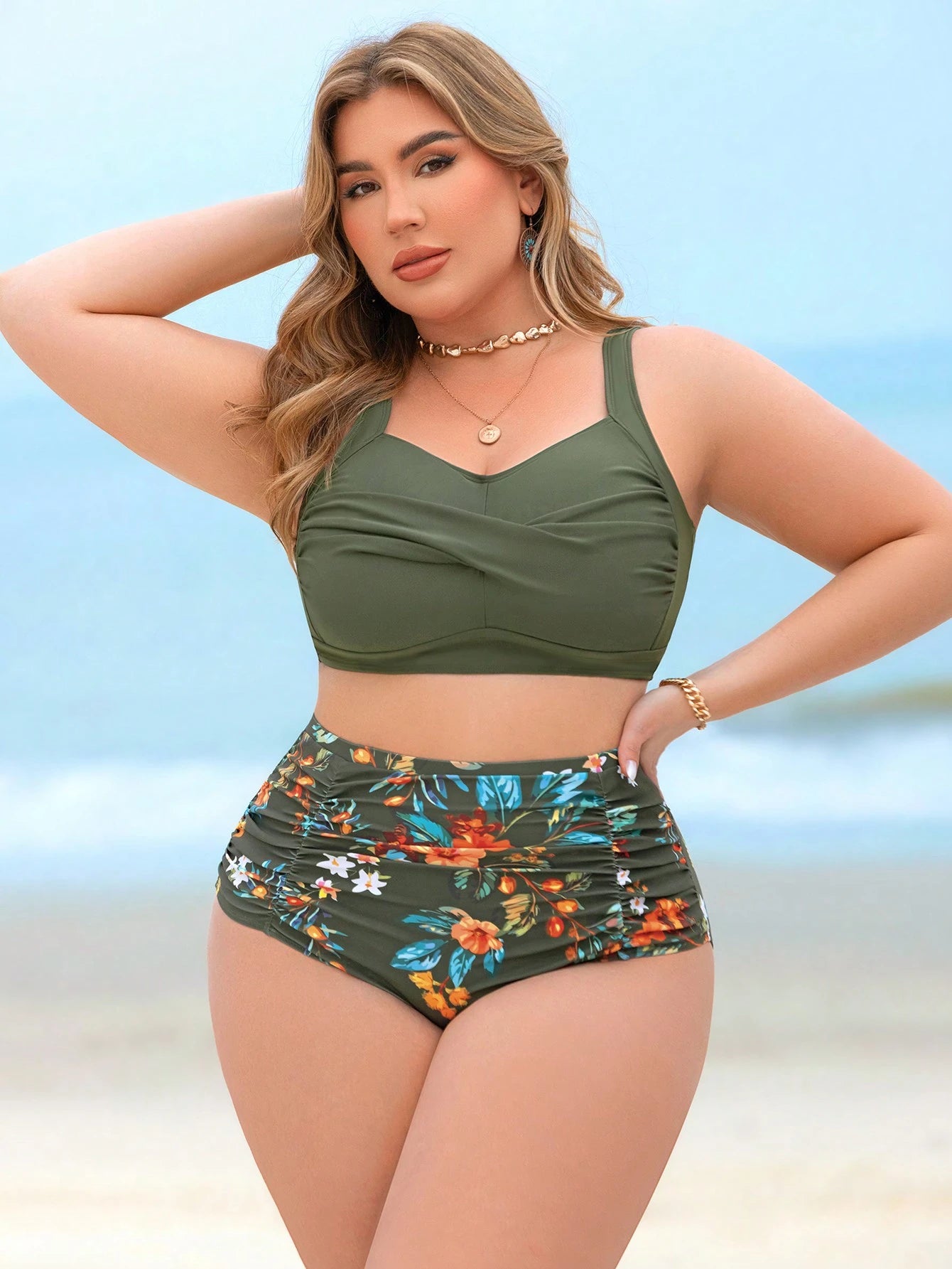 Swim Lushoire Plus Size Women 2pcs High Waist Random Print Modest Fitted Gathering Swimwear Set For Summer Beach Vacation