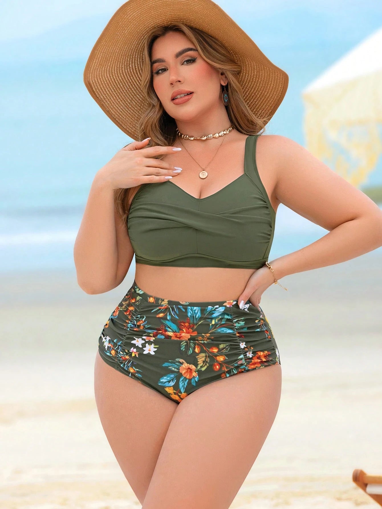 Swim Lushoire Plus Size Women 2pcs High Waist Random Print Modest Fitted Gathering Swimwear Set For Summer Beach Vacation