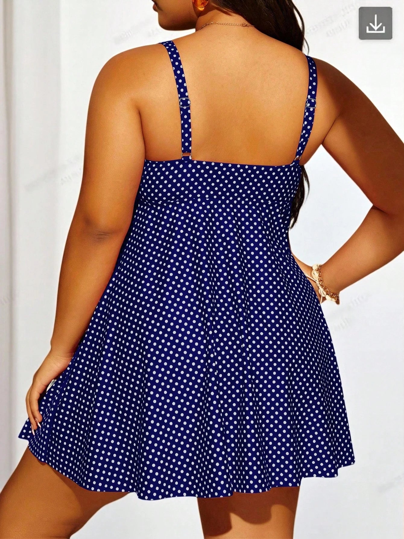 Swim Lushoire Plus Size Women 2pcs Polka Dot Print Spaghetti Strap Tie Waist A-Line Split Swimsuit Set, Fashionable And Casual For Vacation For Summer