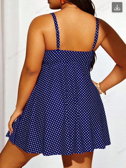 Swim Lushoire Plus Size Women 2pcs Polka Dot Print Spaghetti Strap Tie Waist A-Line Split Swimsuit Set, Fashionable And Casual For Vacation For Summer