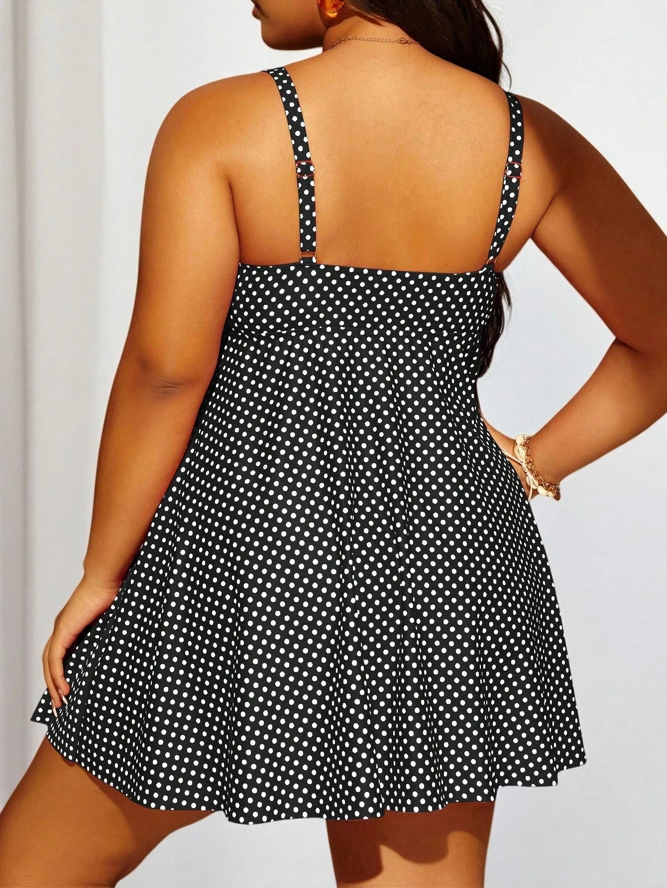 Swim Lushoire Plus Size Women 2pcs Polka Dot Print Spaghetti Strap Tie Waist A-Line Split Swimsuit Set, Fashionable And Casual For Vacation For Summer