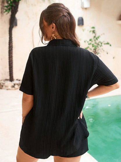 Swim Lushoire Plus Size Women 2pcs Set Black Shorts And Short Sleeve Shirt, Casual Holiday Beach Cover Up For Summer Beach Vacation